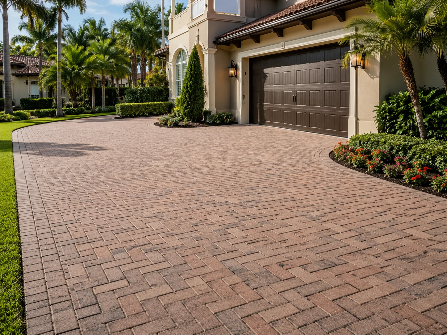 Classic 4×8 brick paver driveway in a herringbone layout at a Florida home