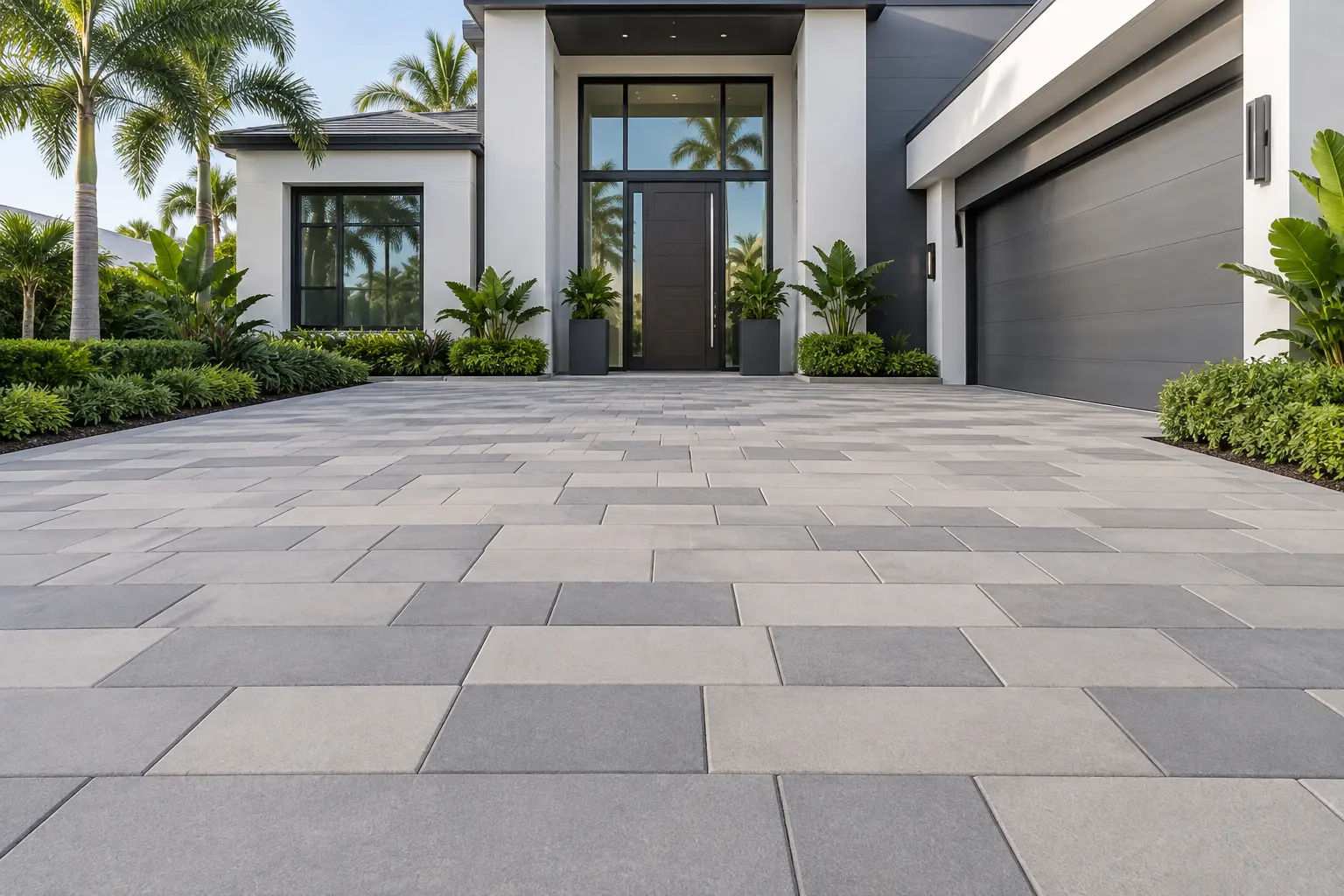 Large-format modern concrete paver driveway at a contemporary Florida home