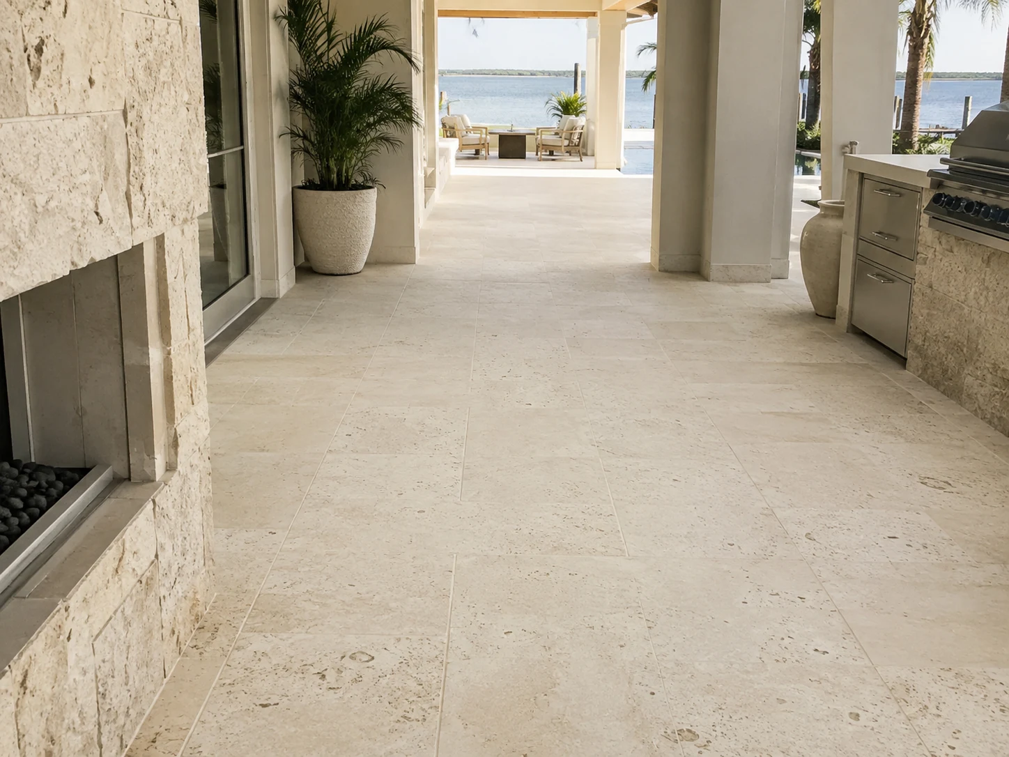 Shellstone or limestone patio and walkway with soft coastal tones