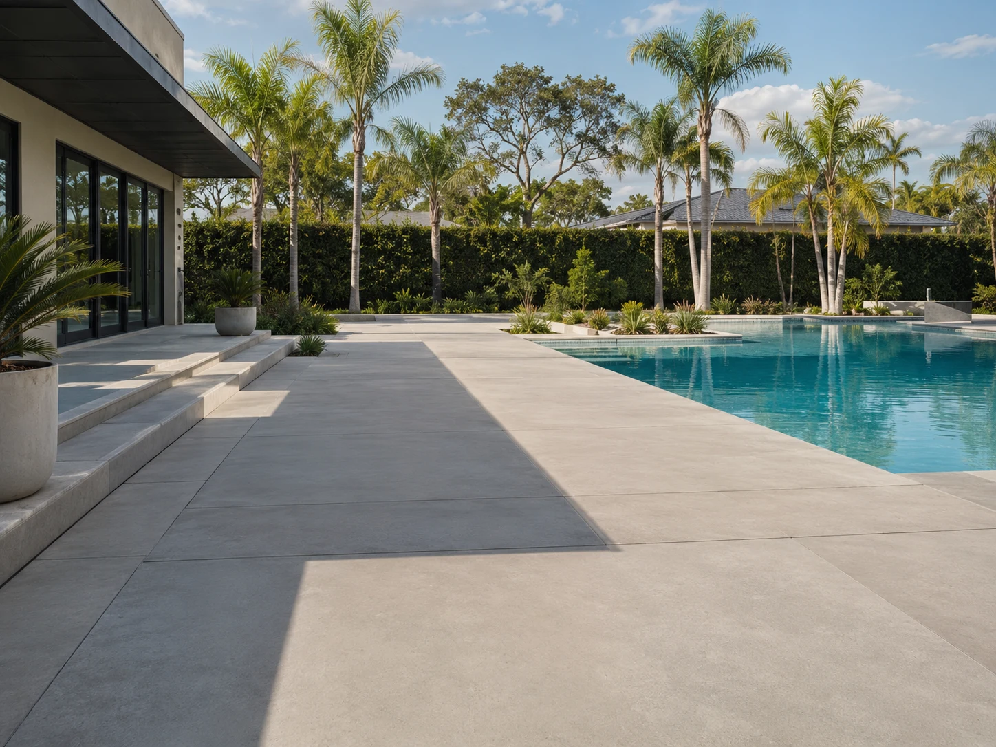 Smooth contemporary large paver surface around a modern pool deck