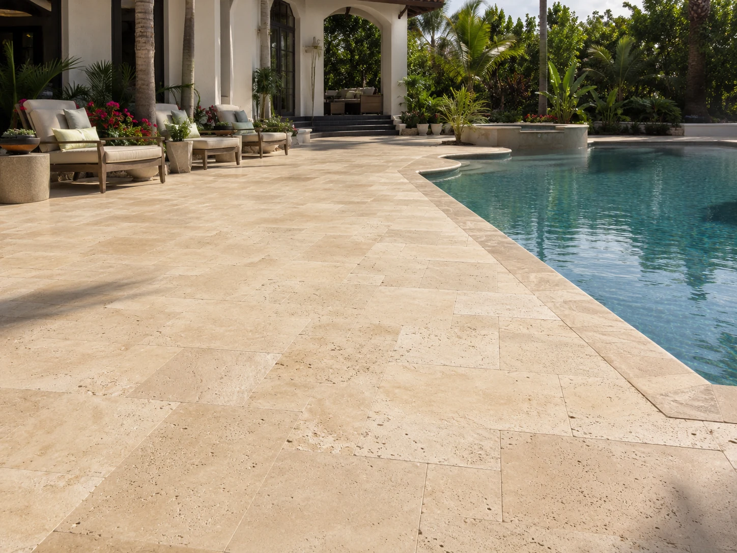 Warm cream travertine pool deck with natural stone variation