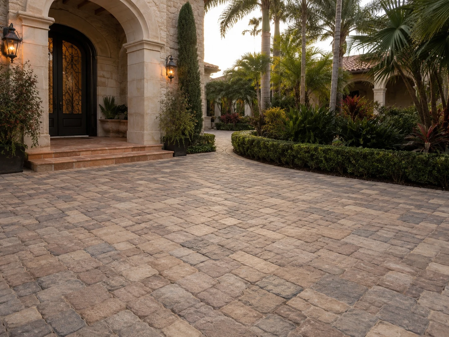 Tumbled old-world pavers with softened edges in a Mediterranean-style courtyard