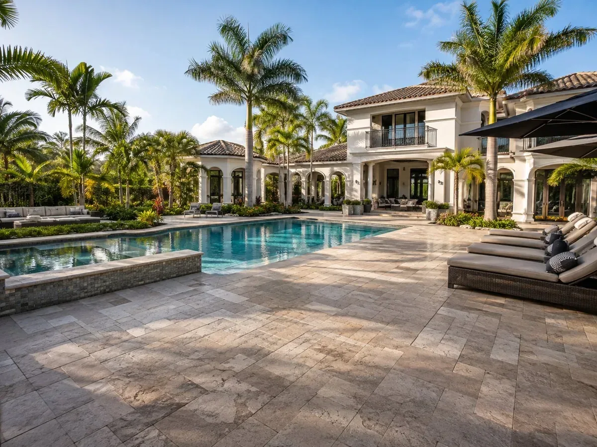 Luxury Florida pool deck with premium paver and stone surfaces