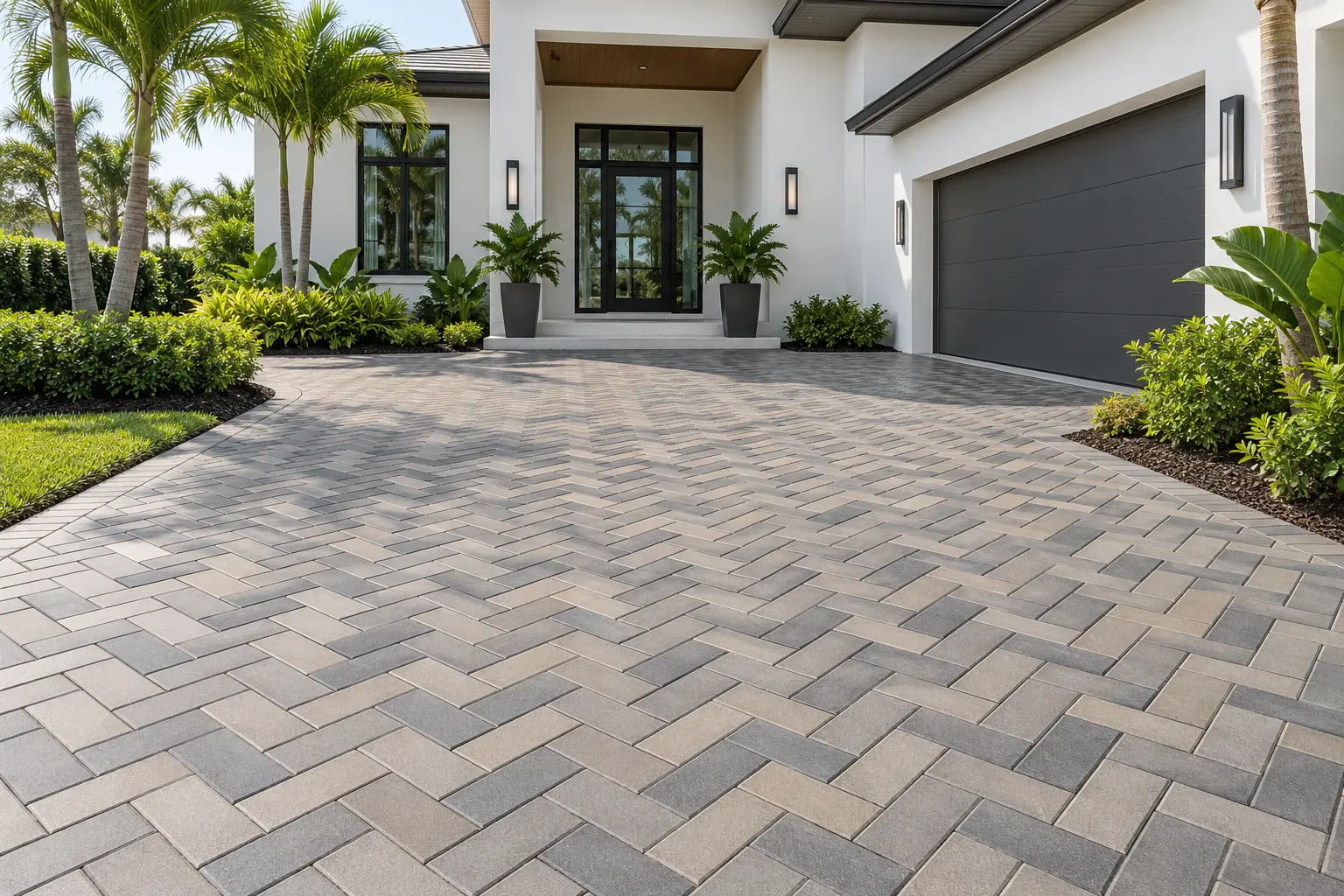 Level modern rectangular brick paver residential driveway