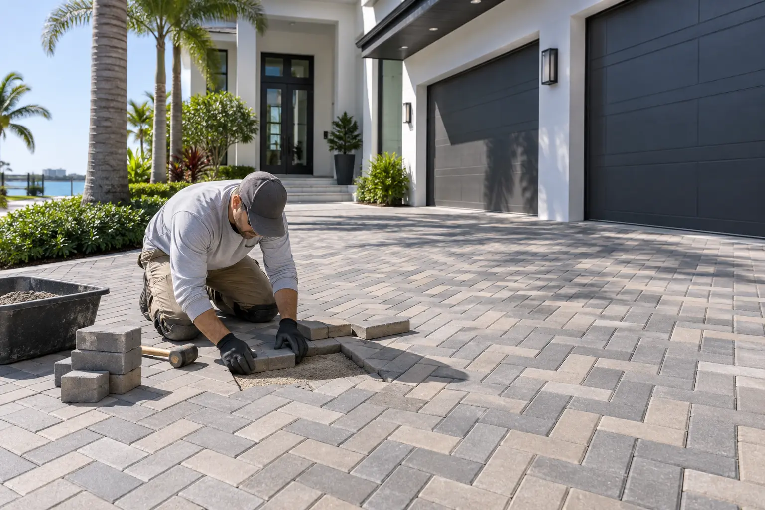 Modern gray and tan brick paver driveway at a garage