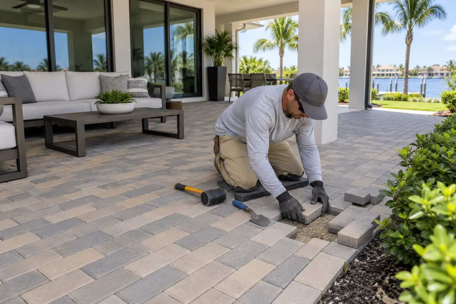 Modern rectangular brick paver patio repair