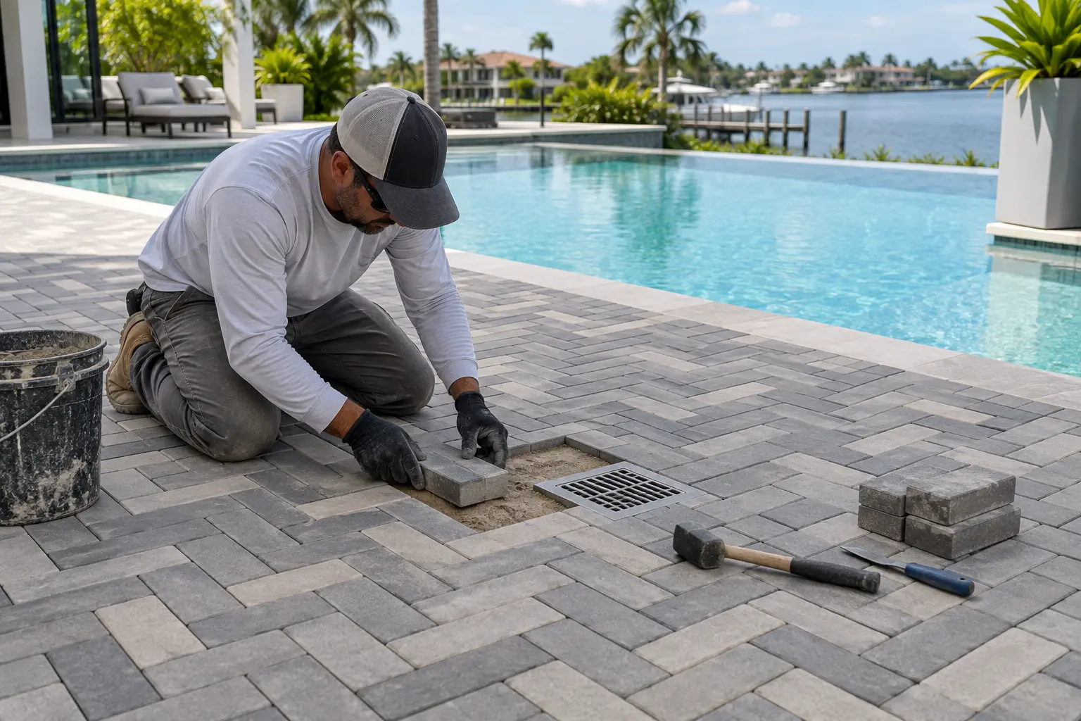 Modern rectangular brick paver repair around an existing pool deck