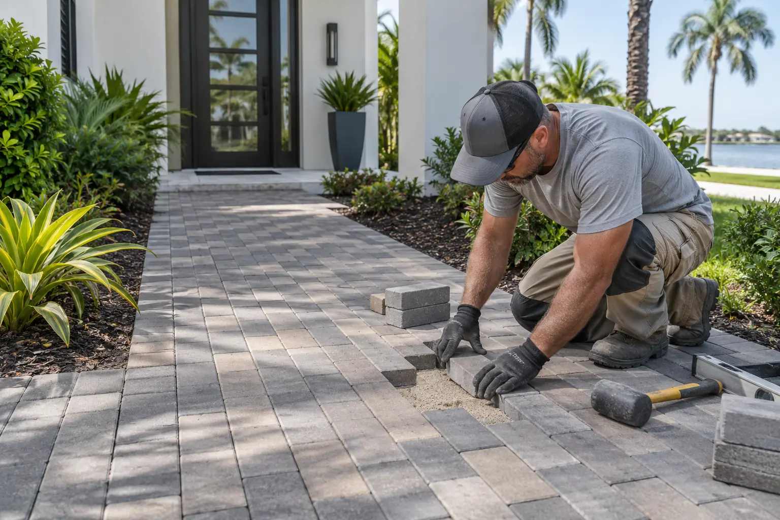 Modern gray and tan rectangular brick paver walkway