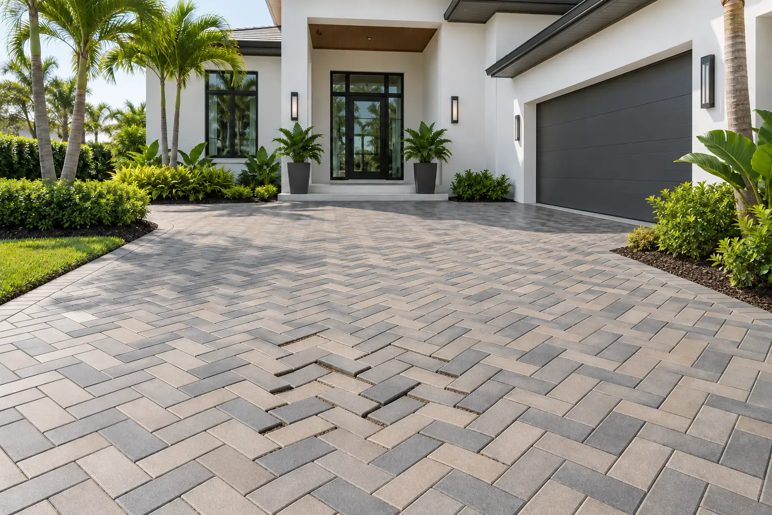 Before repair: modern rectangular brick pavers with a localized sunken area