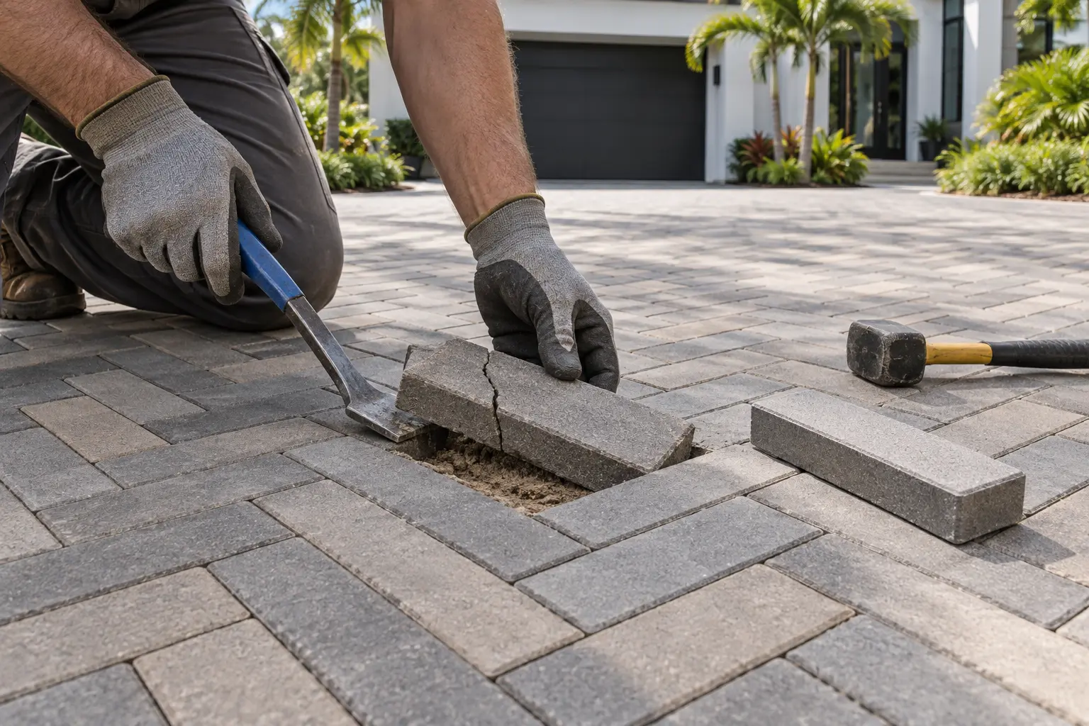 Cracked modern rectangular brick paver being replaced