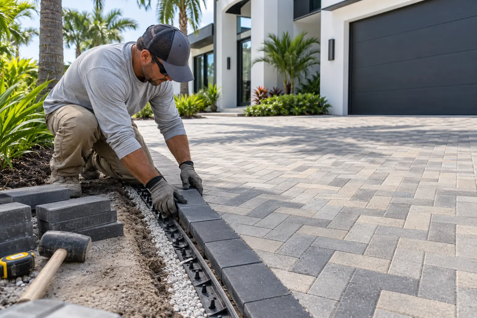 Modern brick paver walkway edge and border