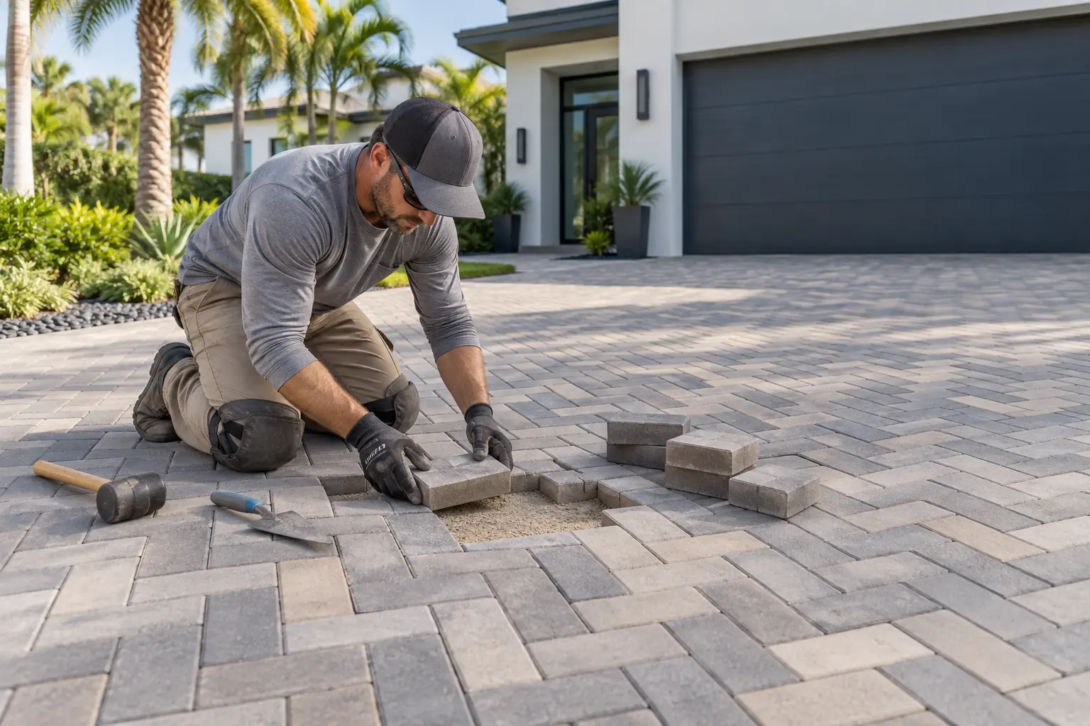 Brick paver repair with pavers lifted for base correction