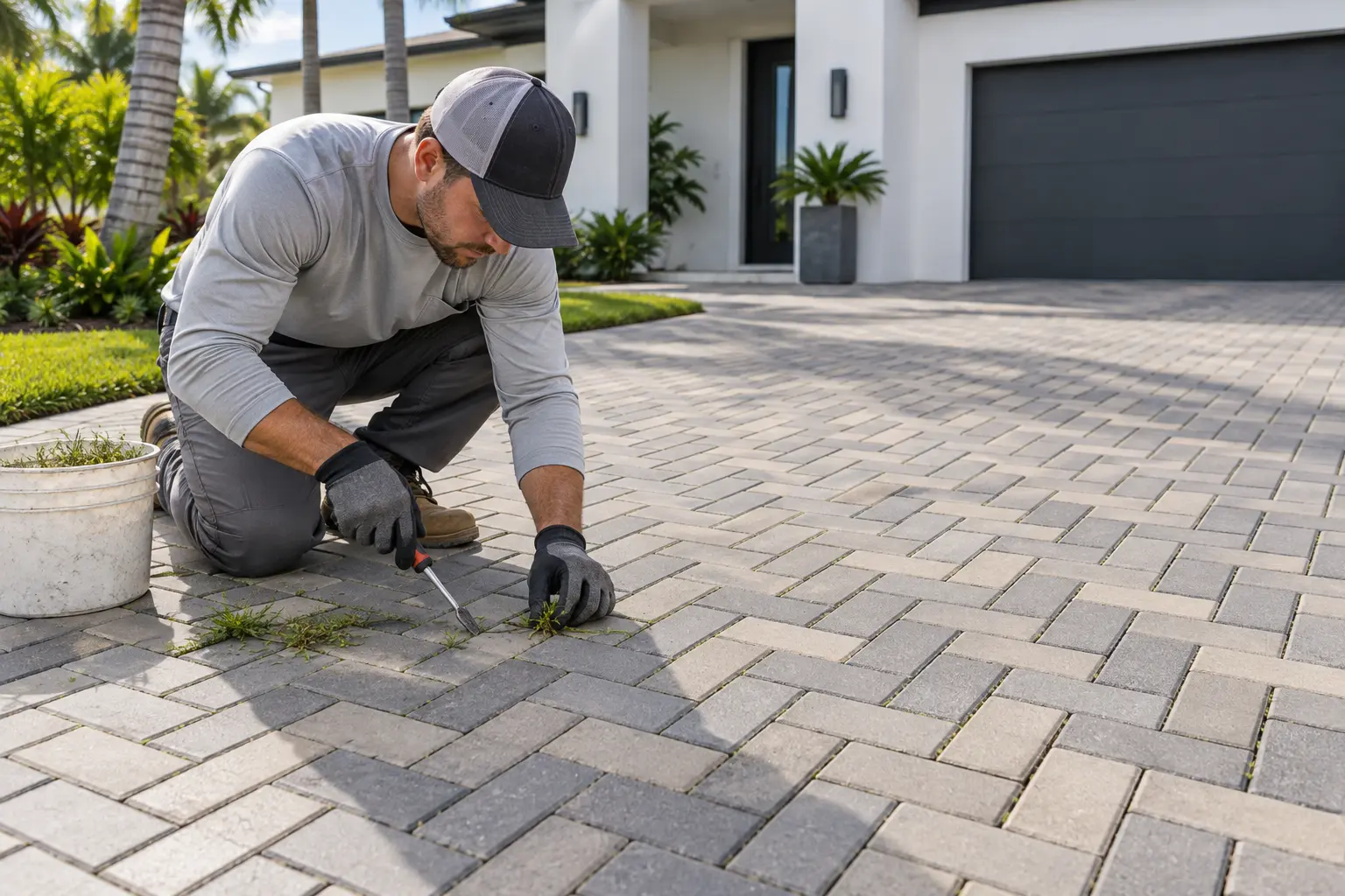Modern rectangular brick paver walkway with clean joints