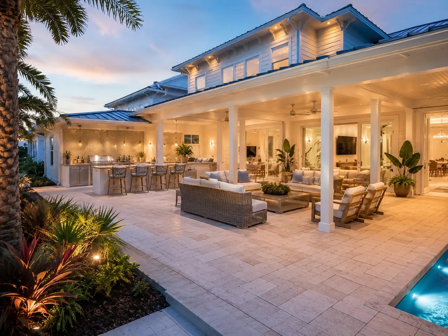 Covered outdoor living area with modern pavers